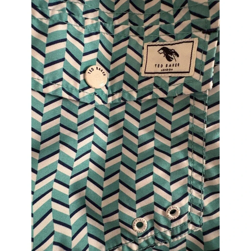 Ted Baker Swim Trunks Mens 6 XXL Teal Chevron Geometric Lobster Logo Mesh Lined